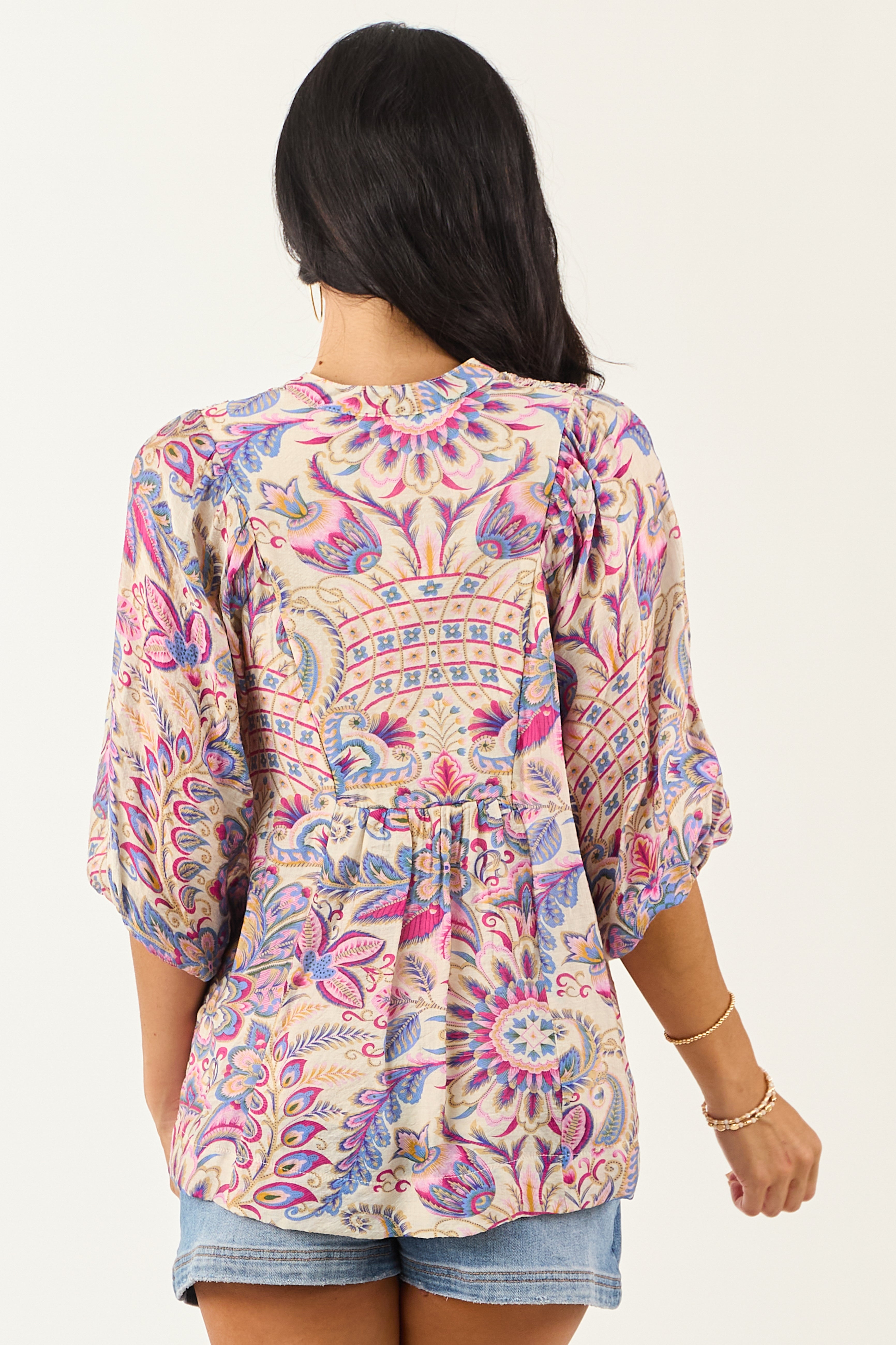 Almond Boho Scarf Print Relaxed Half Sleeve Top