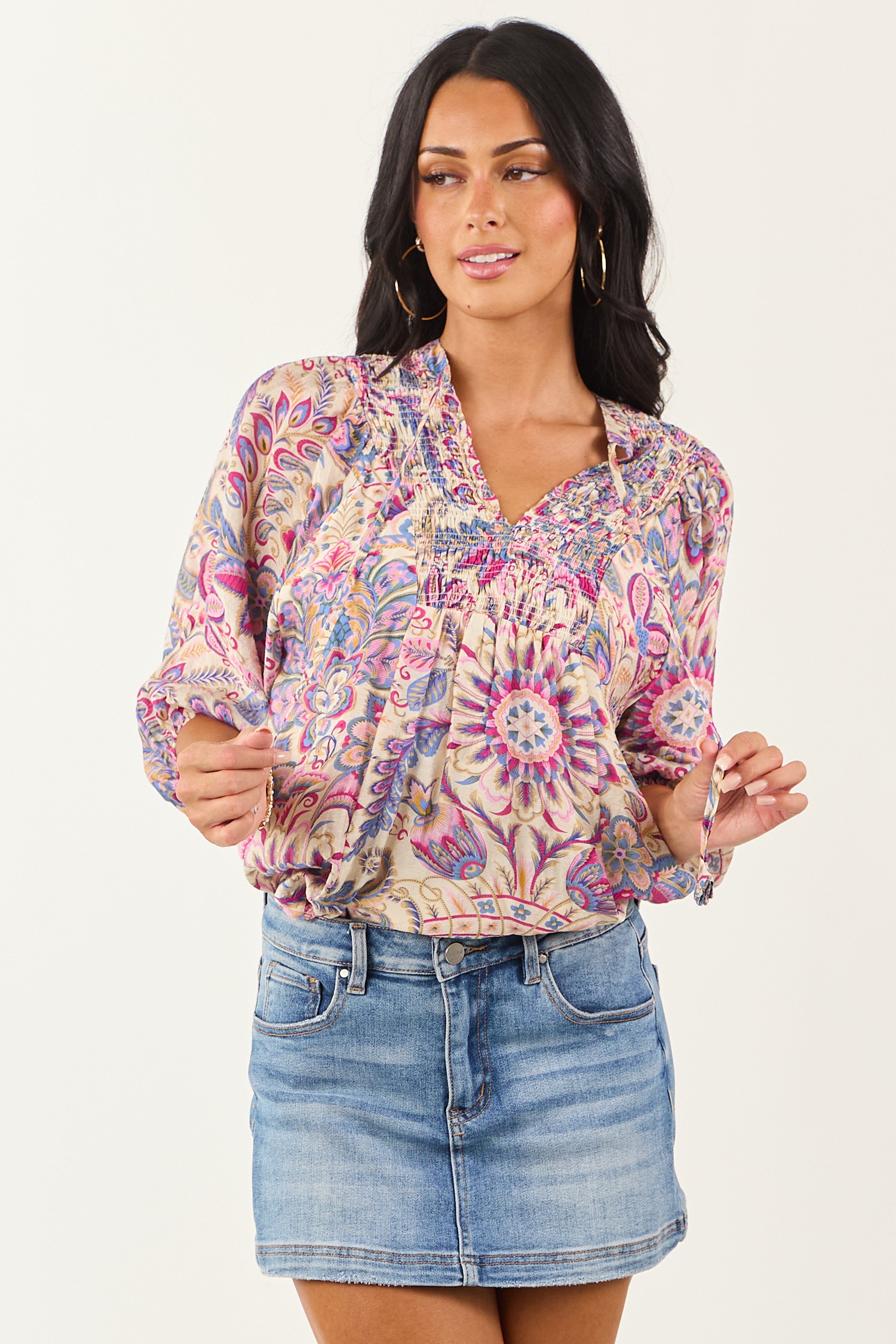 Almond Boho Scarf Print Relaxed Half Sleeve Top