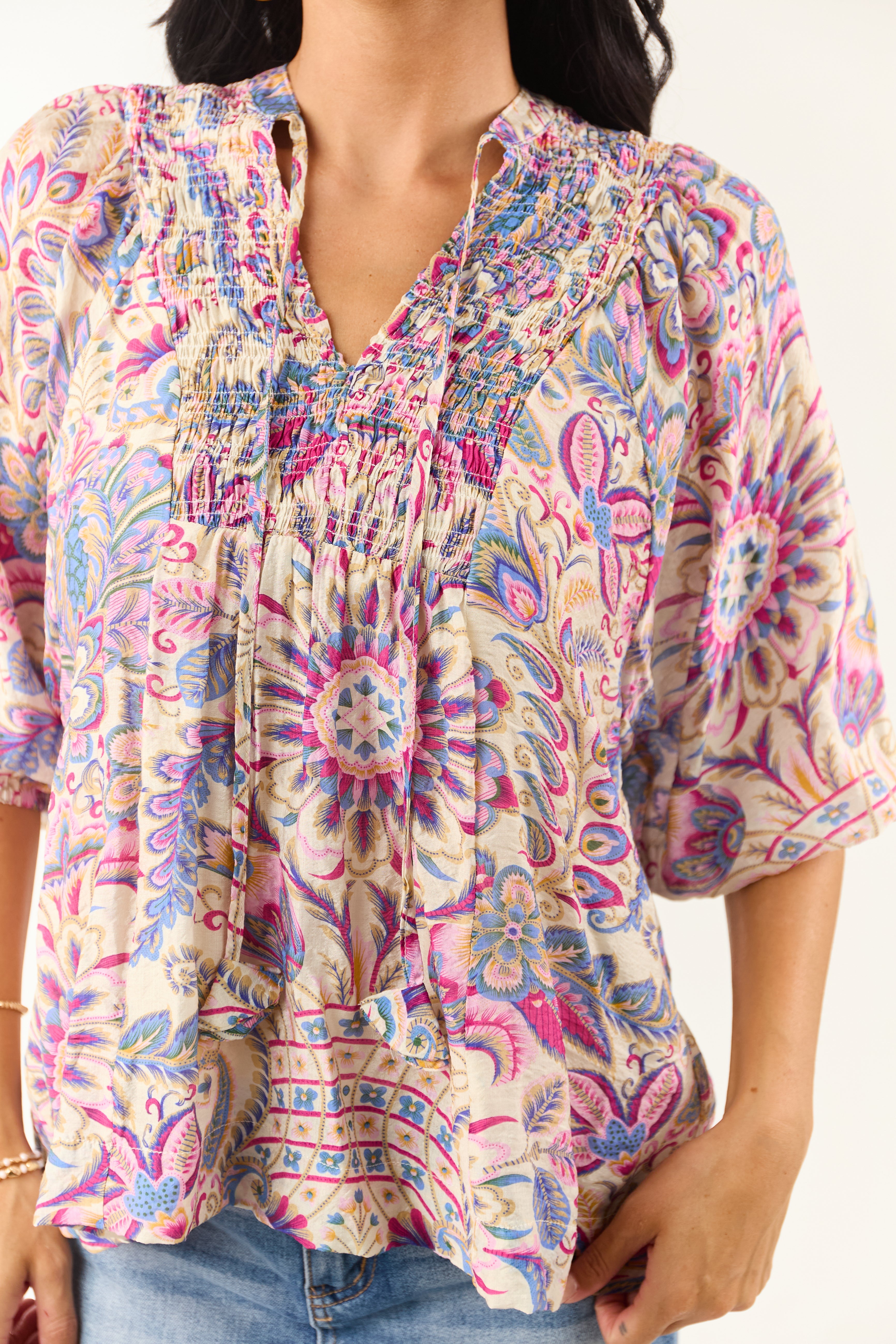 Almond Boho Scarf Print Relaxed Half Sleeve Top