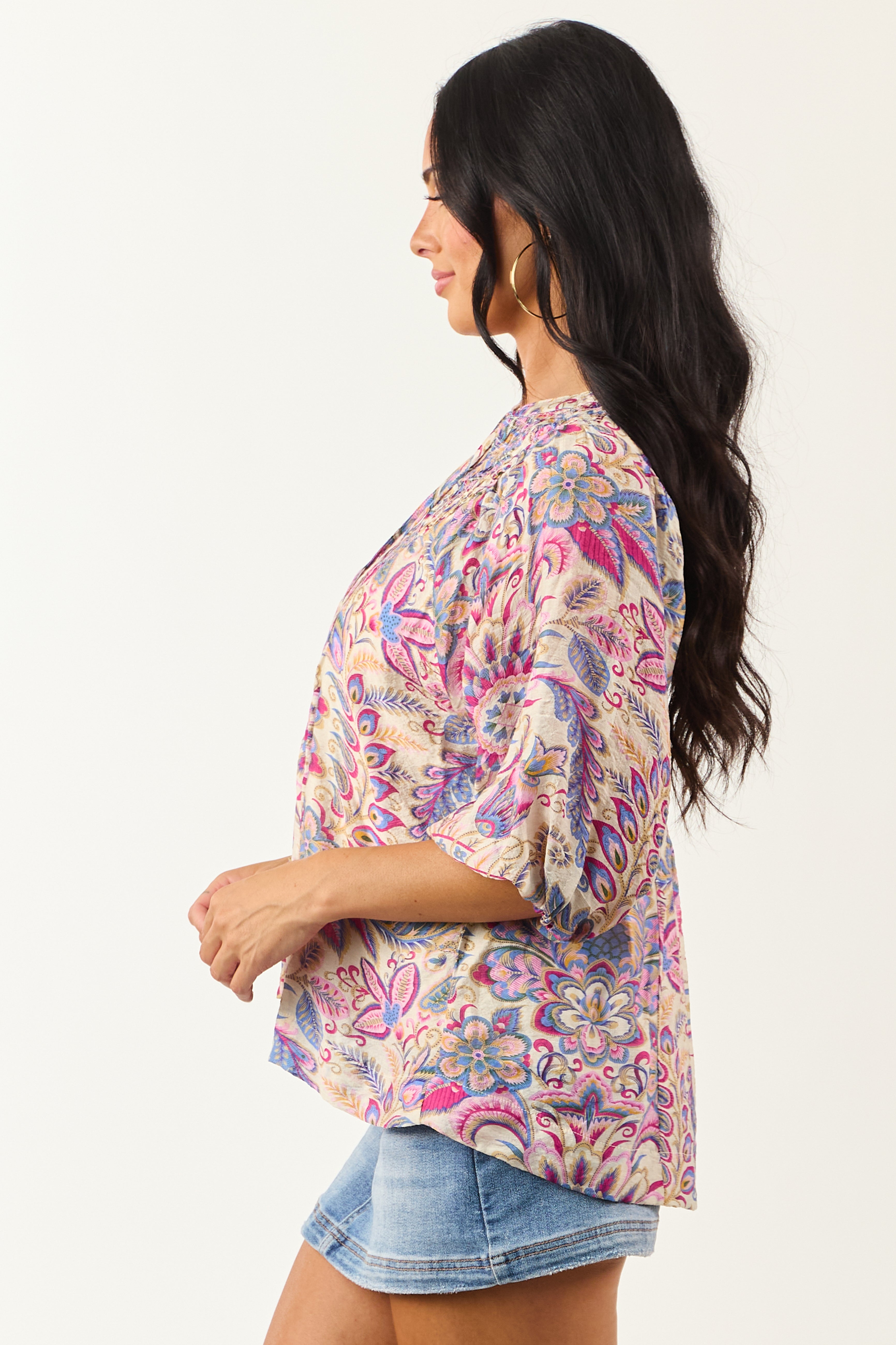 Almond Boho Scarf Print Relaxed Half Sleeve Top