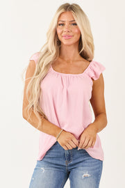 Baby Pink Round Neck Ruffle Cap Sleeve Top