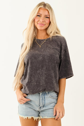 Black Acid Wash Relaxed Cotton Short Sleeve Top