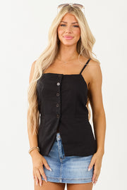 Black Button Down Linen Blend Front Slit Tank Top
