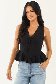 Black Lace Trim Ruffle Cotton Tank Top
