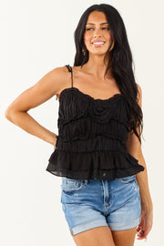 Black Ruffle Floral Detail Sleeveless Tank Top