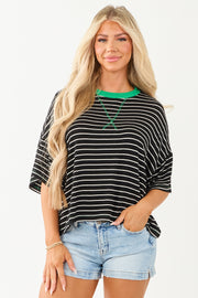 Black and Kelly Green Striped Half Sleeve Top