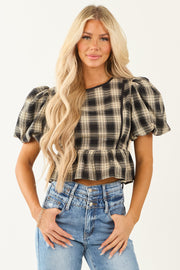 Black and Sand Plaid Puff Sleeve Peplum Top