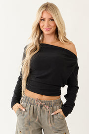 Black One Shoulder Ruched Long Sleeve Top