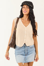 Champagne Ribbed Knit Cropped Button Up Sweater Vest