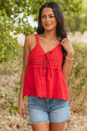 Cherry Knit Front Tie Eyelet Cotton Tank Top