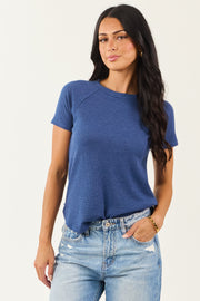 Cobalt Waffle Knit Exposed Seam Short Sleeve Top
