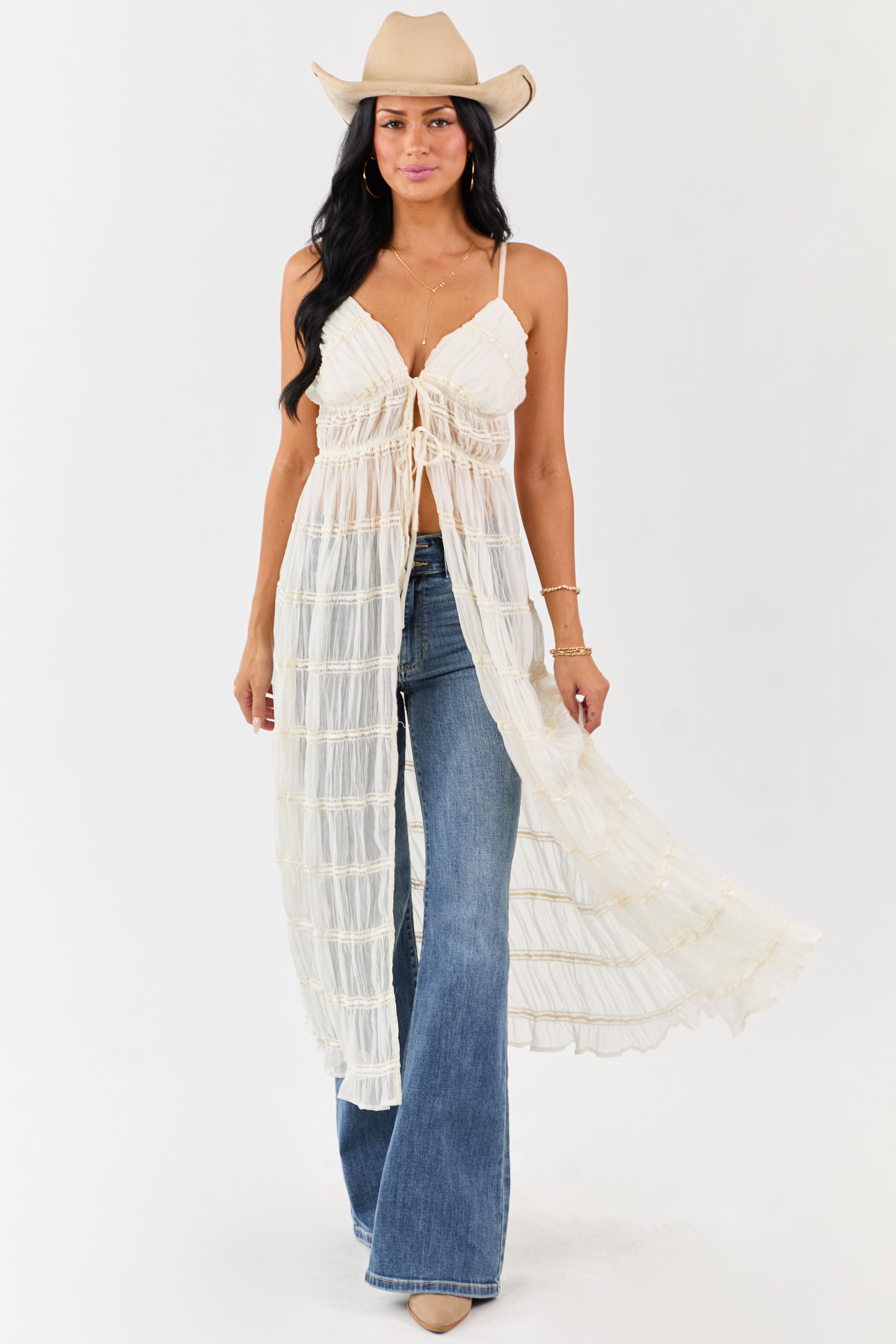 PRE-ORDER Cream Metallic Embroidery Front Tie Duster Cami Vest SHIP ETA 9/26