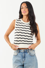 Cream and Black Wavy Striped Sweater Tank Top