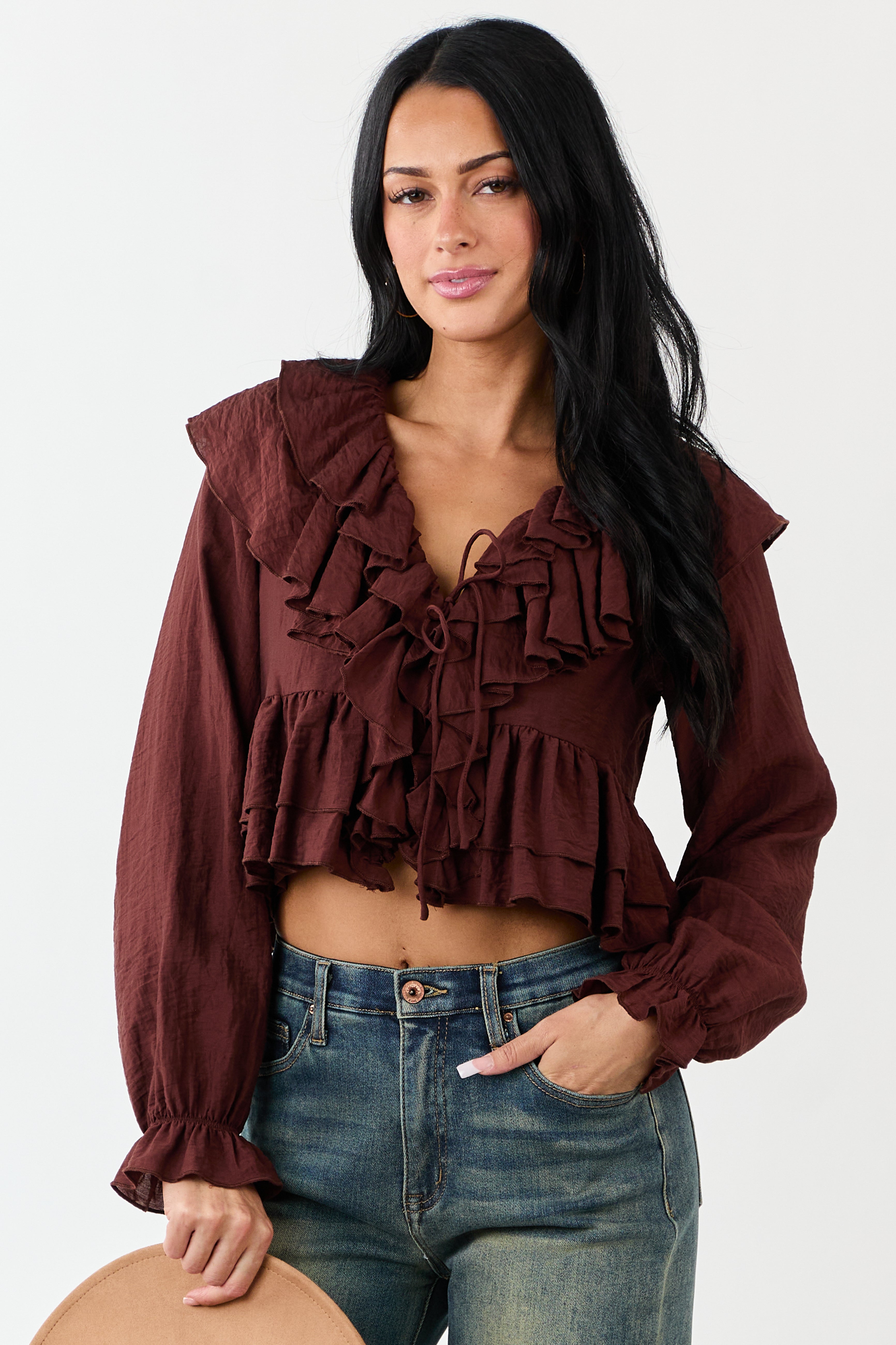 Deep Sienna Front Tie Ruffled Long Sleeve Top