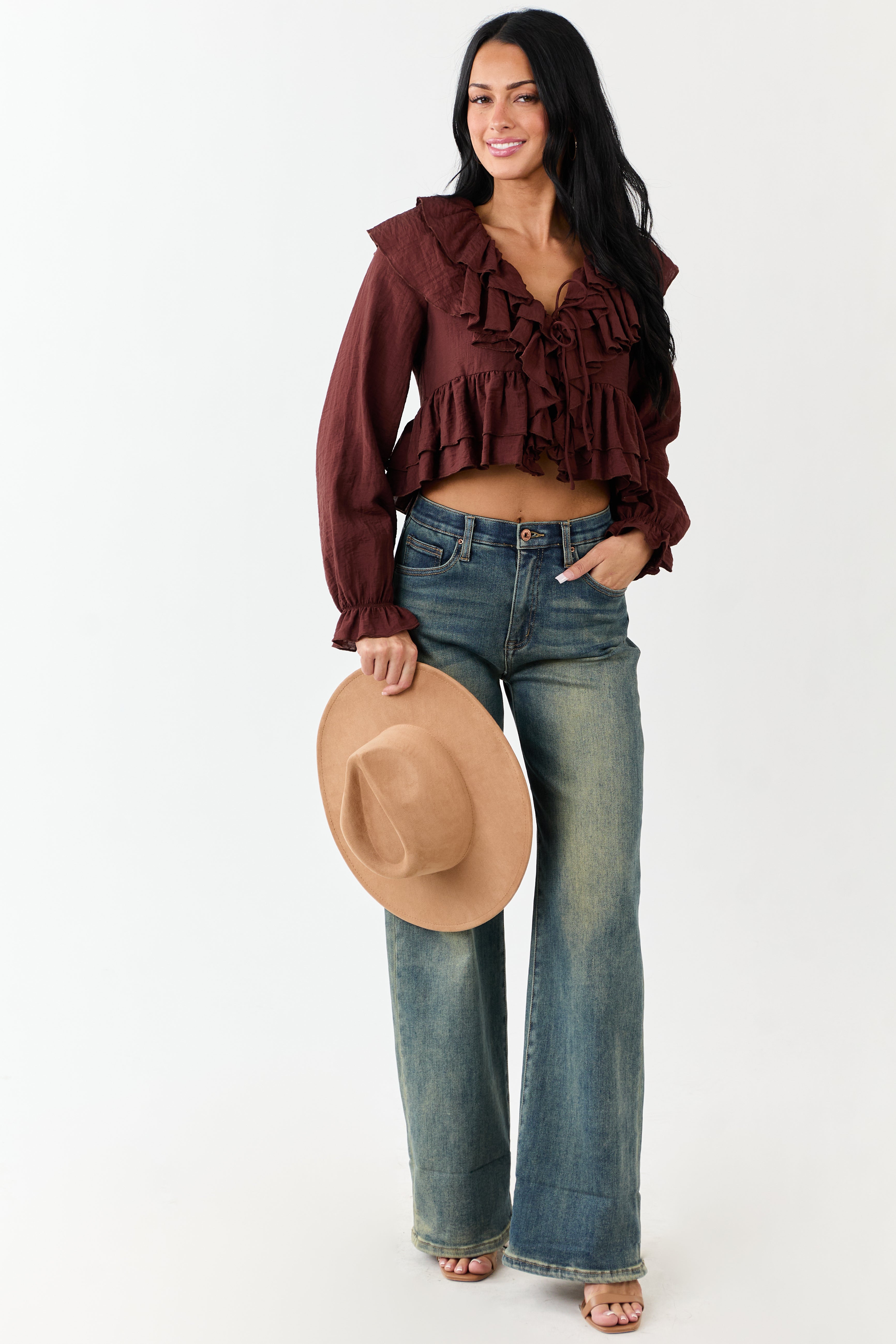 Deep Sienna Front Tie Ruffled Long Sleeve Top