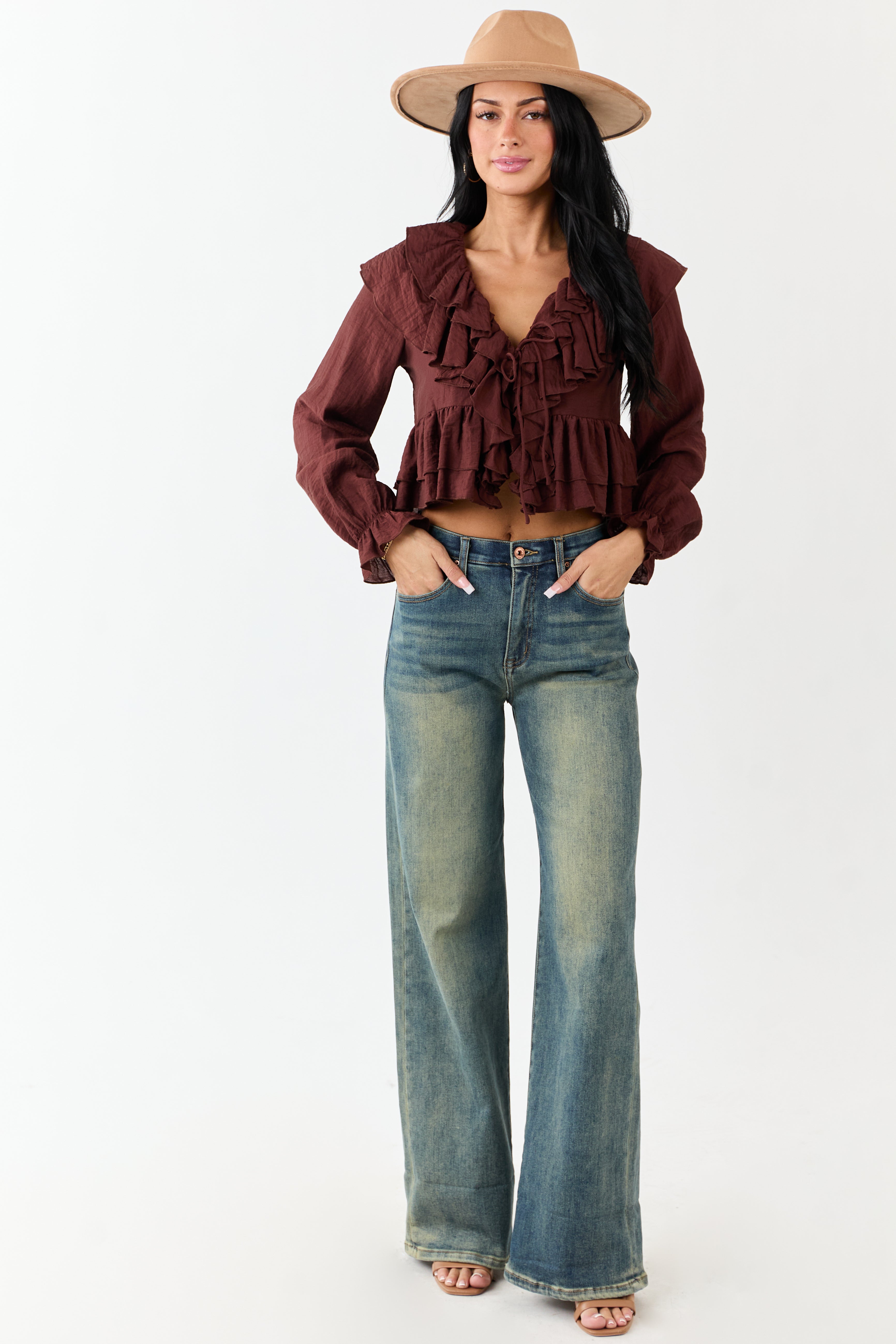 Deep Sienna Front Tie Ruffled Long Sleeve Top