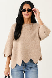 Entro Latte Scalloped Trim Half Sleeve Sweater Top