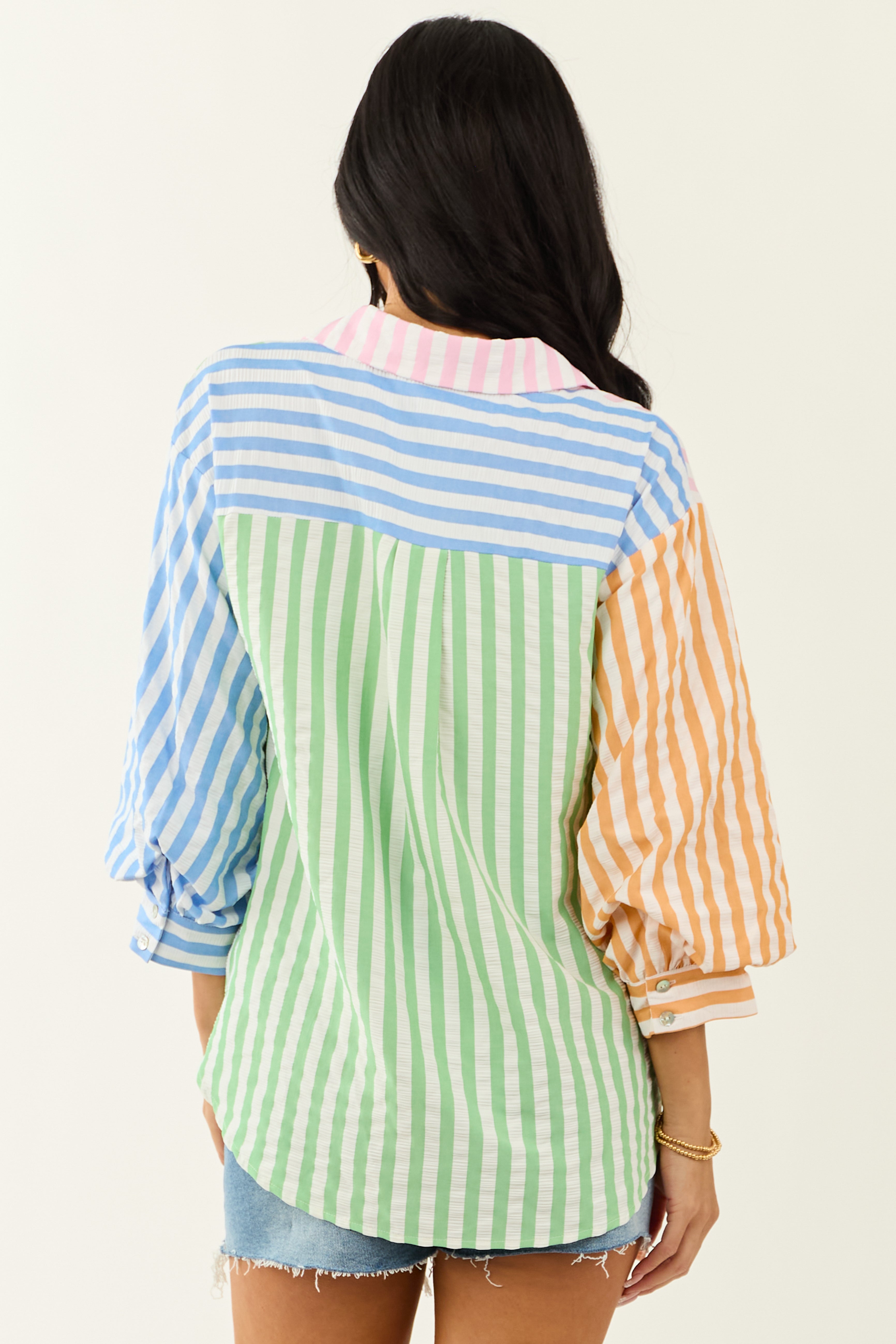 Entro Off White Striped Colorblock 3/4 Sleeve Top