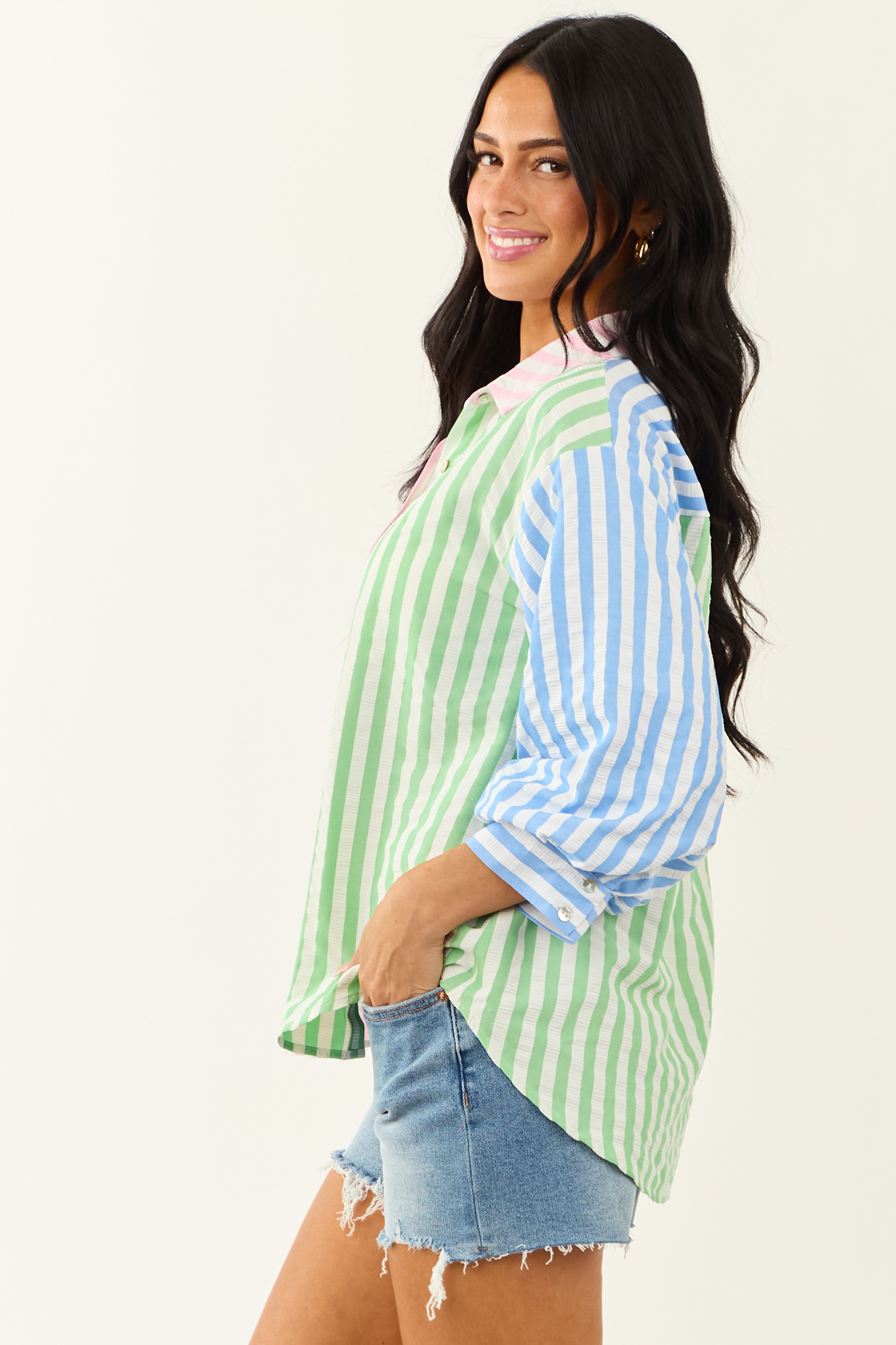 Entro Off White Striped Colorblock 3/4 Sleeve Top
