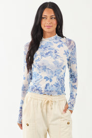 Ivory Floral Print Mock Neck Long Sleeve Top