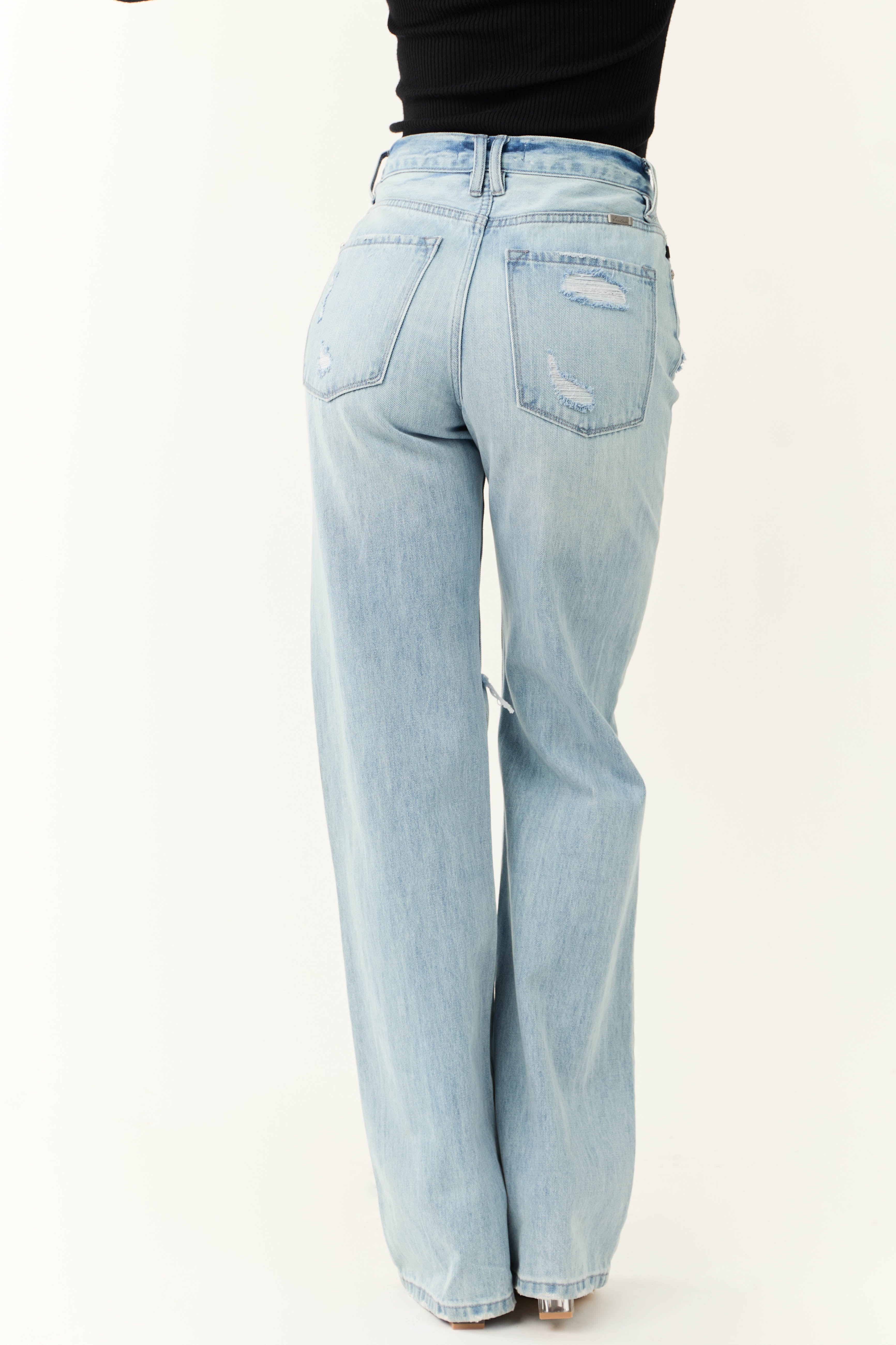KanCan Light Wash Distressed Button Fly Wide Leg Jeans