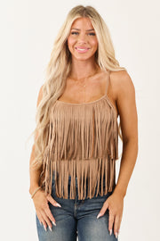 Latte Faux Suede Fringe Scoop Neck Tank Top