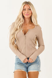 Latte Waffle Knit Long Sleeve Button Down Top