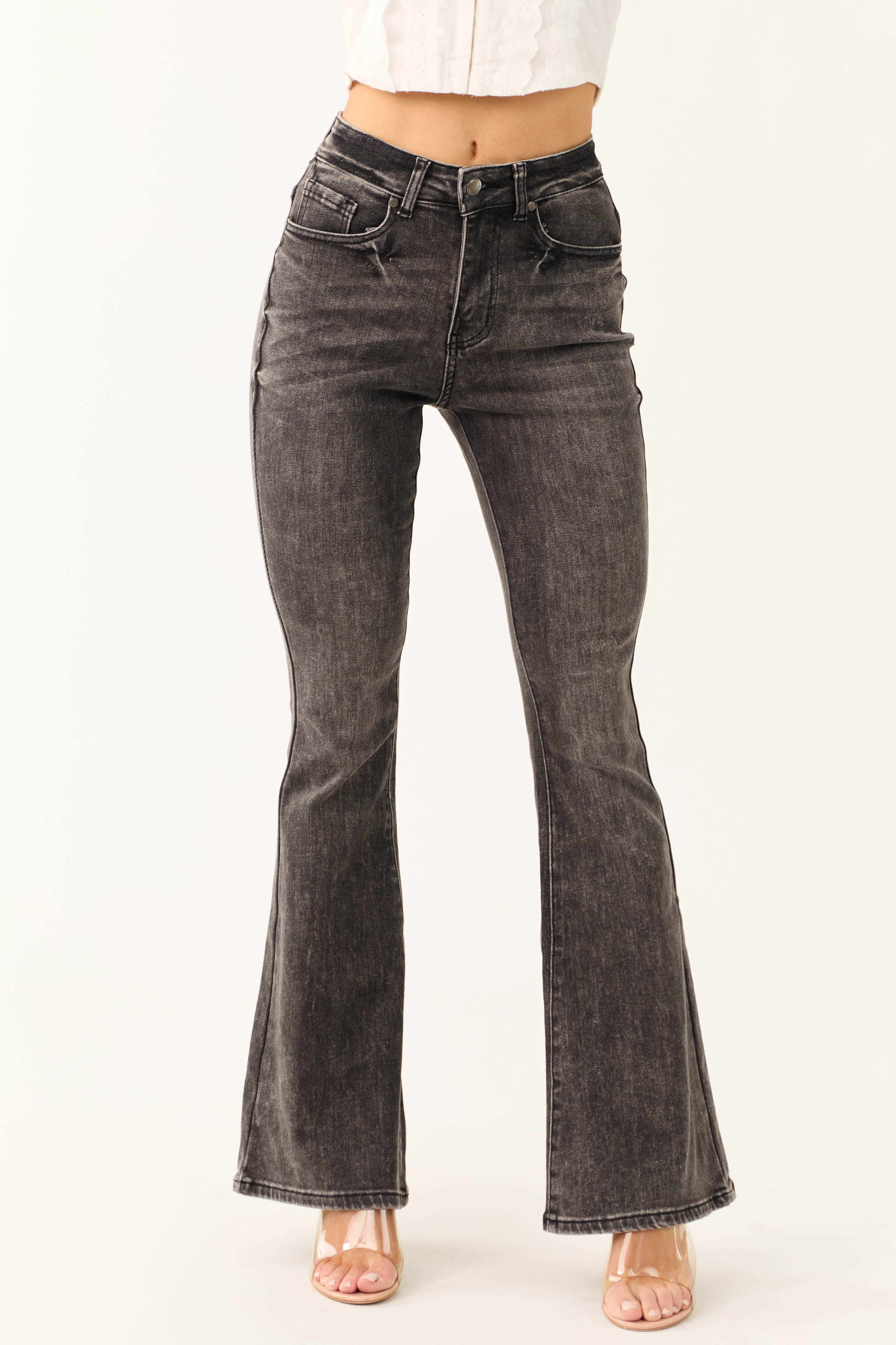 Legend Black Acid Wash High Rise Flare Leg Jeans