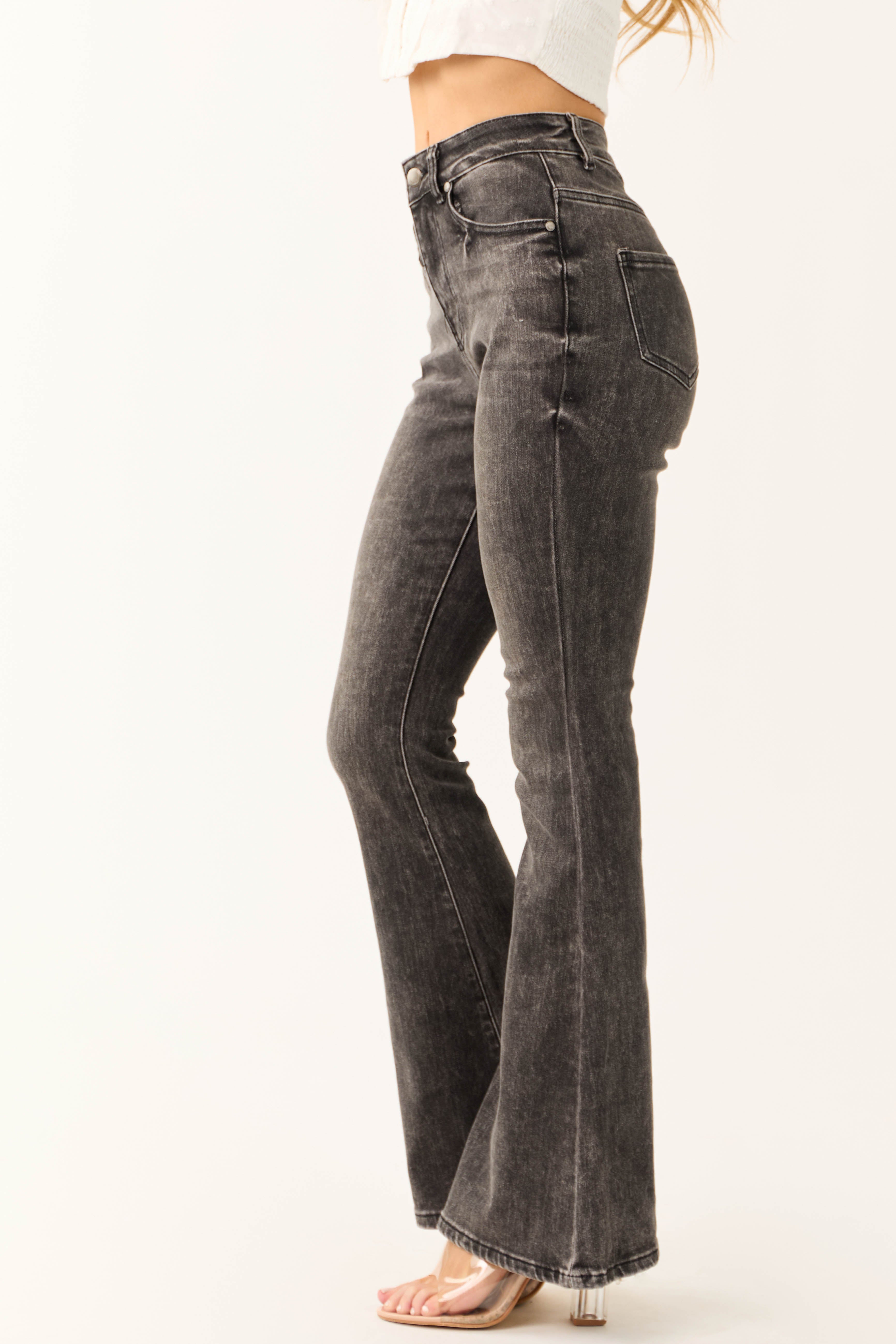 Legend Black Acid Wash High Rise Flare Leg Jeans