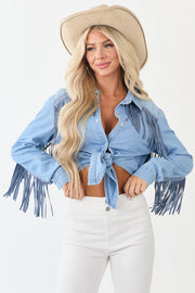 Light Wash Denim Button Up Tie Front Fringe Top