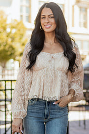 Listicle Almond Floral Lace Long Sleeve Babydoll Top