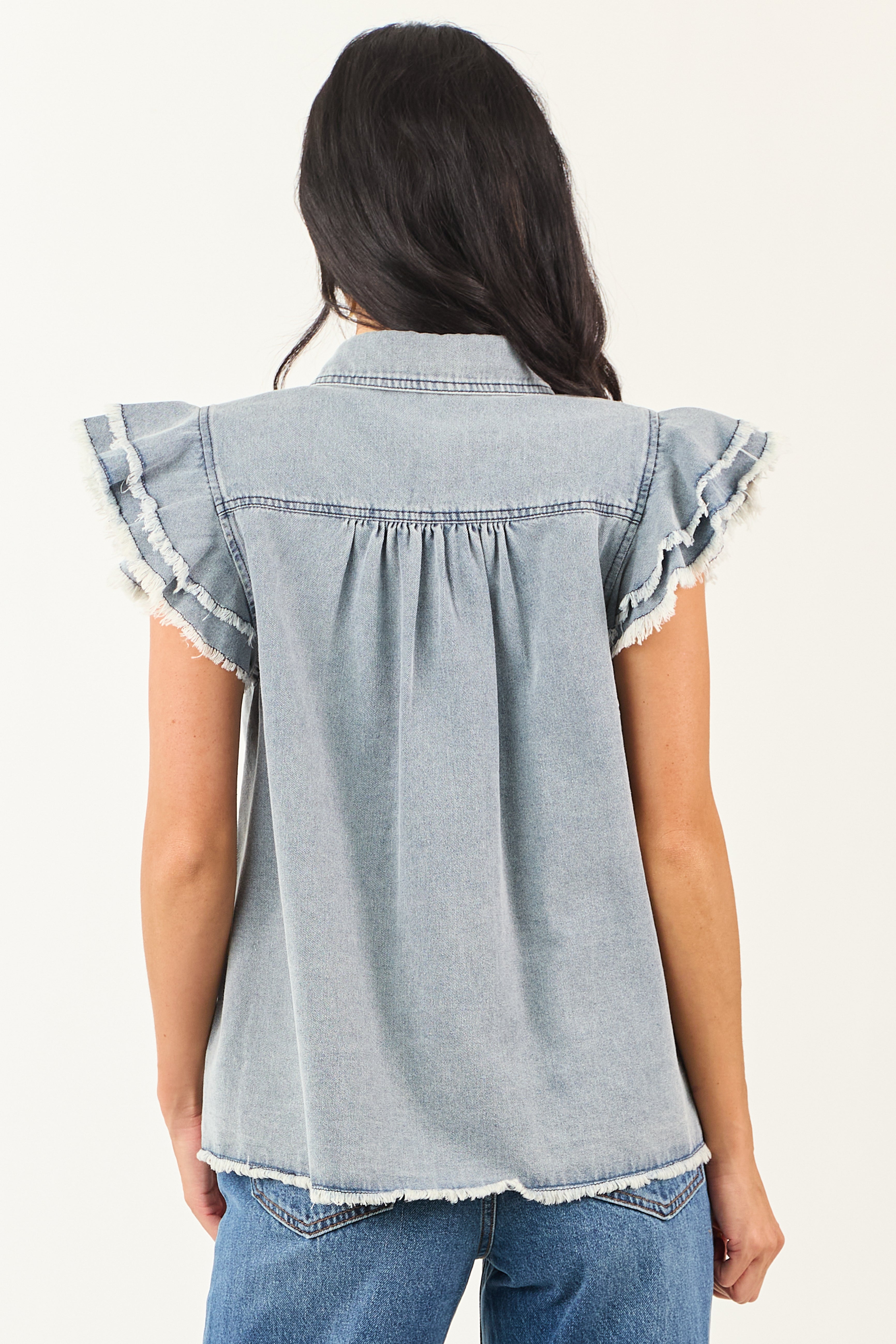 Medium Wash Denim Button Down Ruffle Cap Sleeve Top