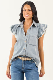 Medium Wash Denim Button Down Ruffle Cap Sleeve Top