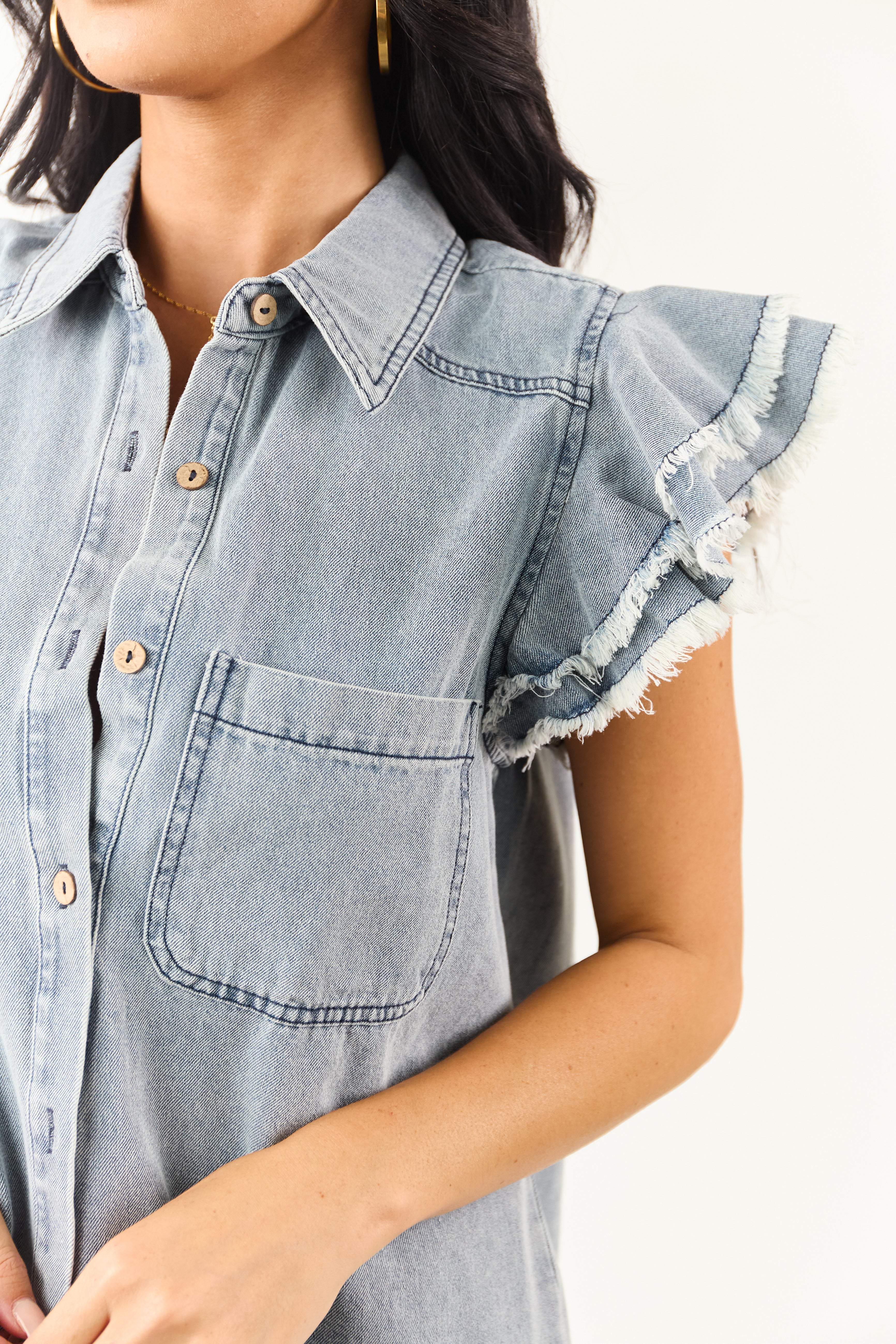 Medium Wash Denim Button Down Ruffle Cap Sleeve Top