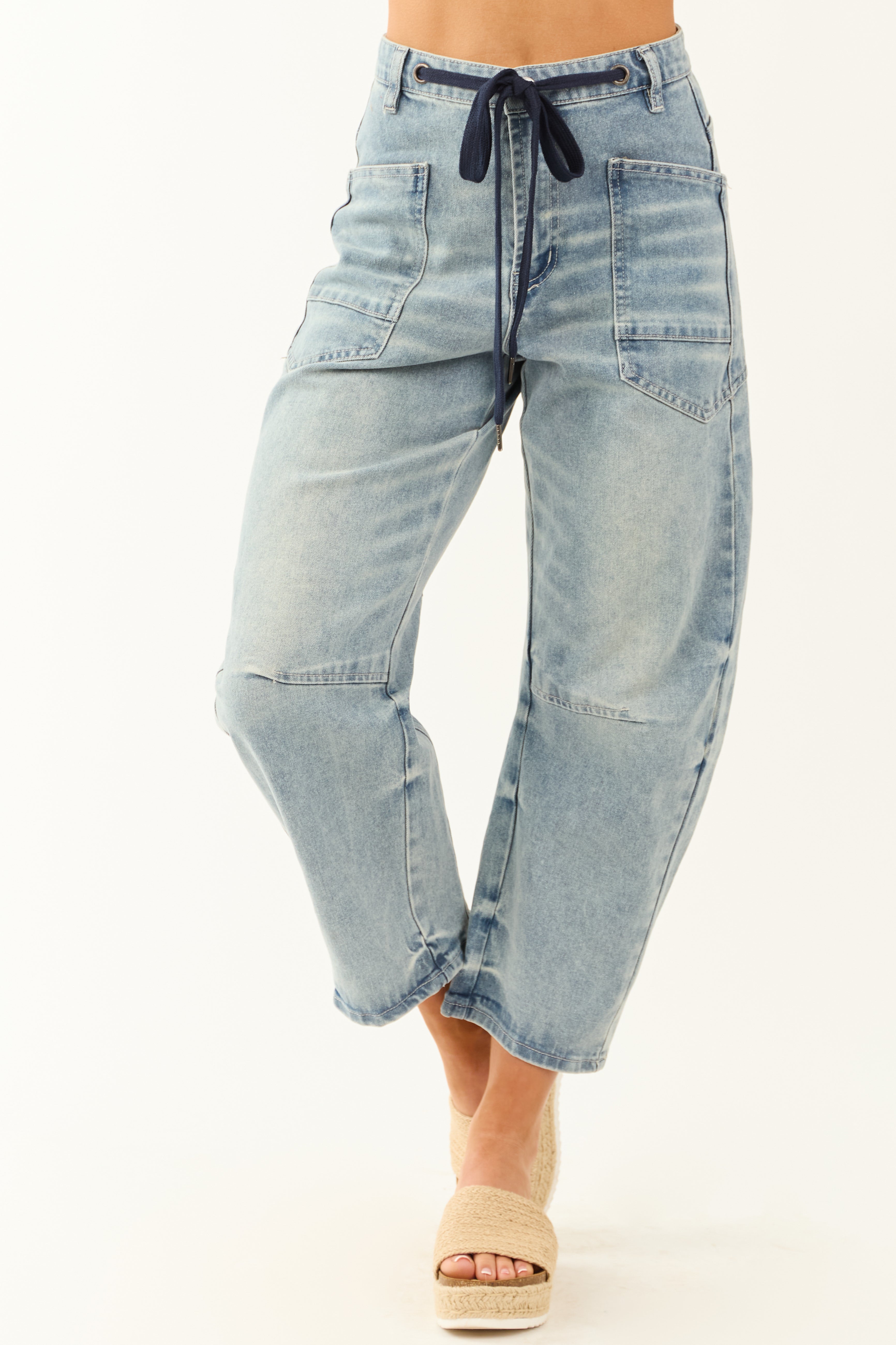 Medium Wash Drawstring Waist Soft Barrel Jeans