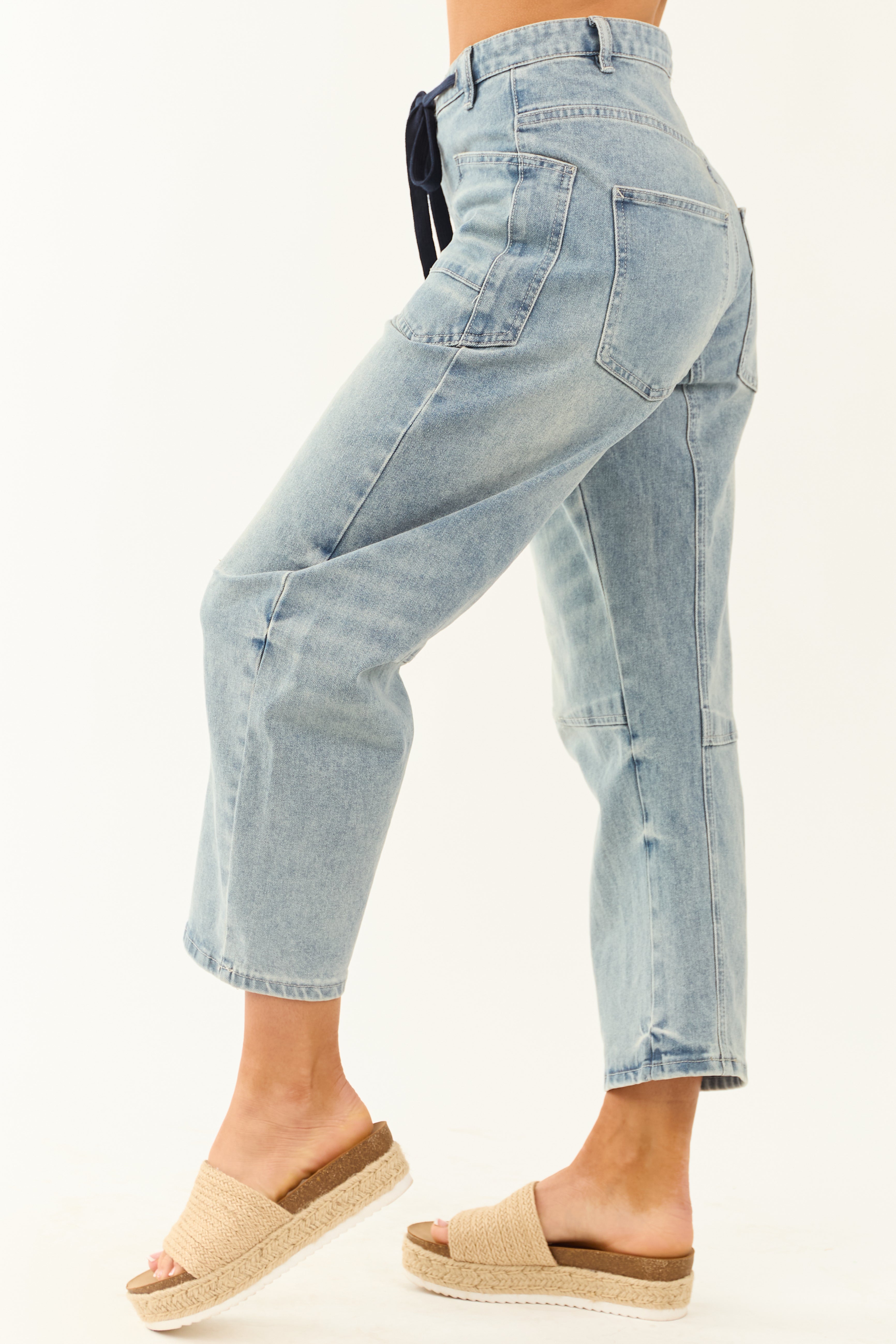 Medium Wash Drawstring Waist Soft Barrel Jeans