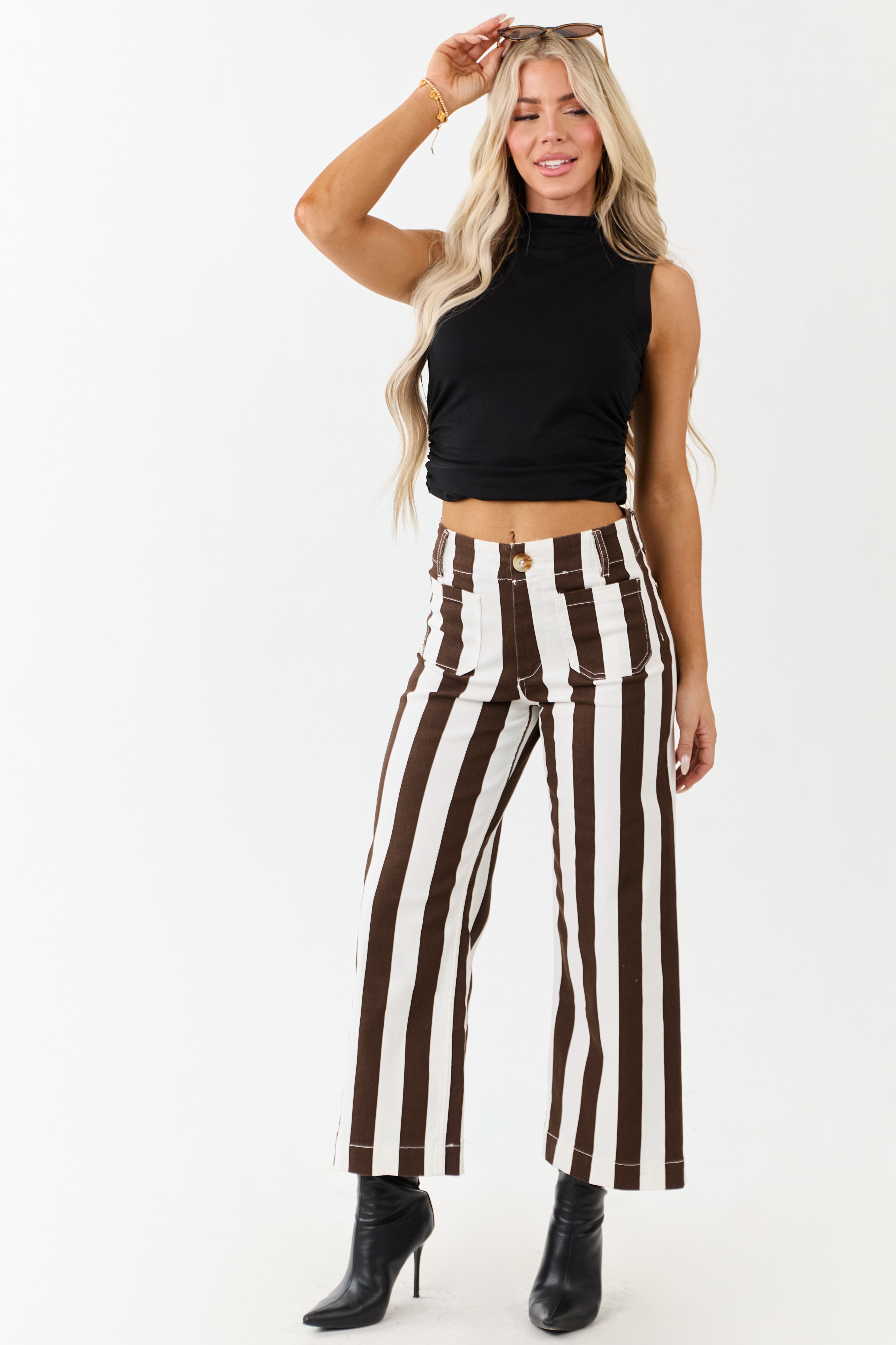 PRE-ORDER Mica Denim Cocoa Striped Wide Stretchy Crop Jeans SHIP ETA 10/7
