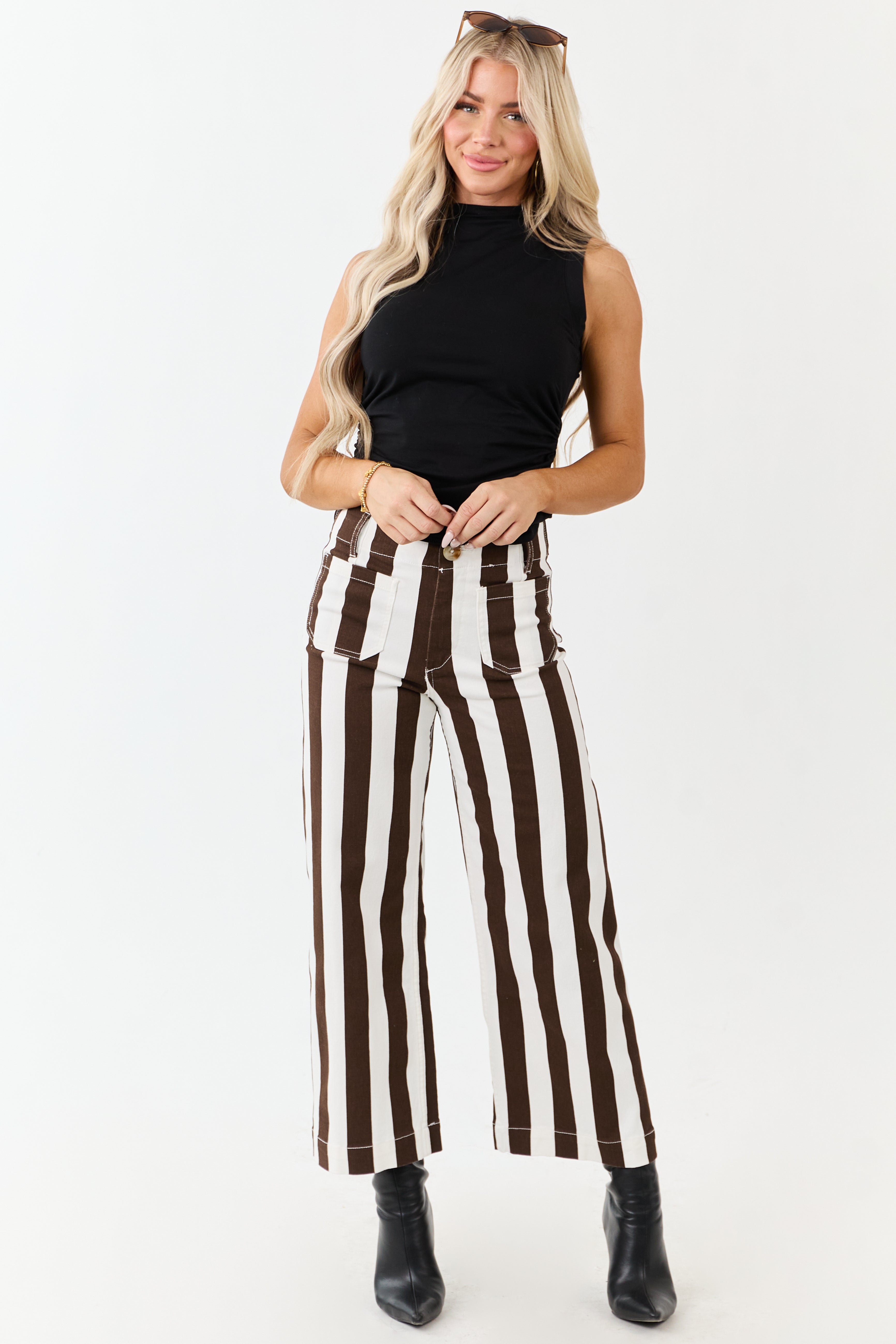 PRE-ORDER Mica Denim Cocoa Striped Wide Stretchy Crop Jeans SHIP ETA 10/7