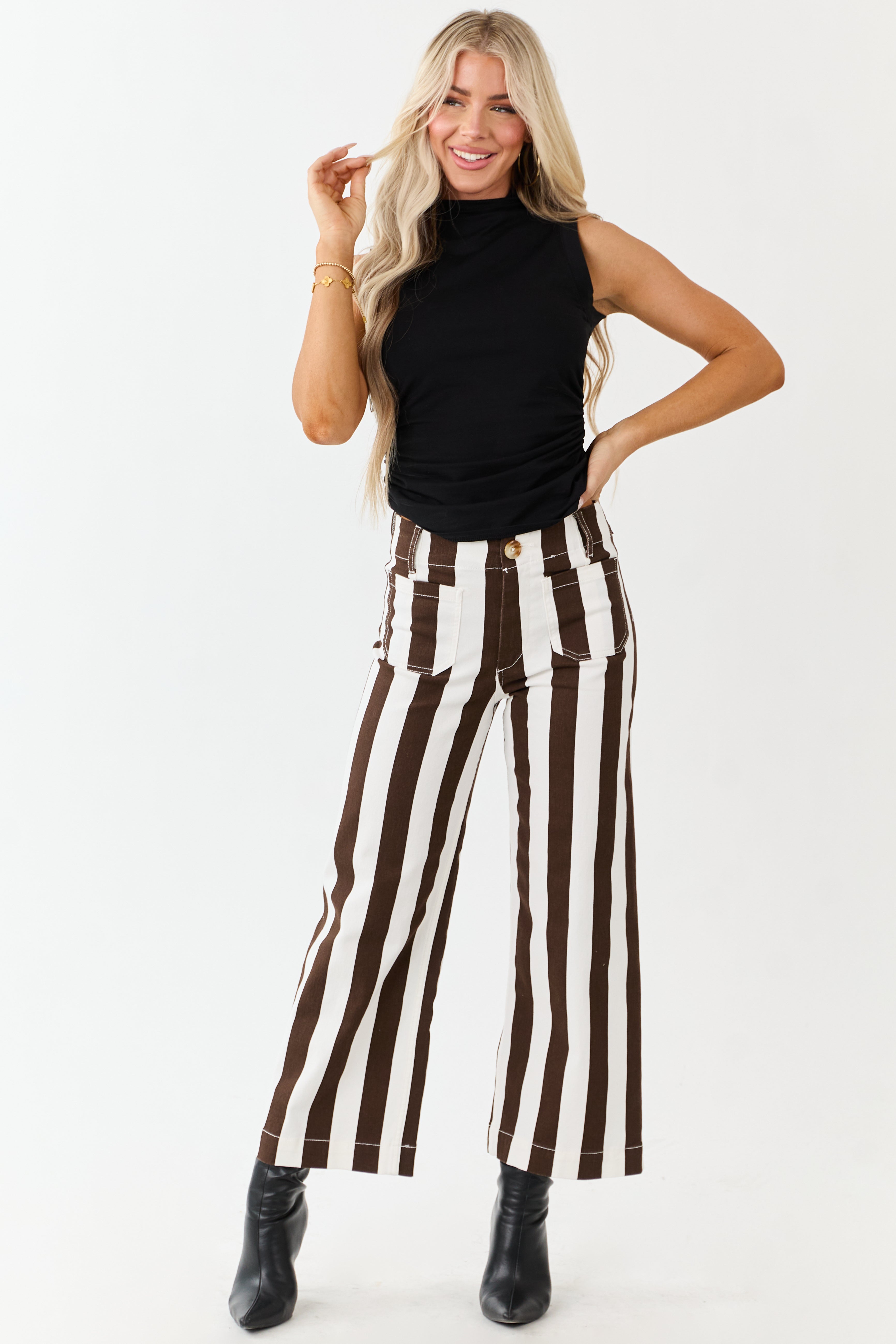 PRE-ORDER Mica Denim Cocoa Striped Wide Stretchy Crop Jeans SHIP ETA 10/7