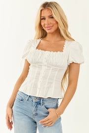 Off White Square Neck Button Down Short Sleeve Top