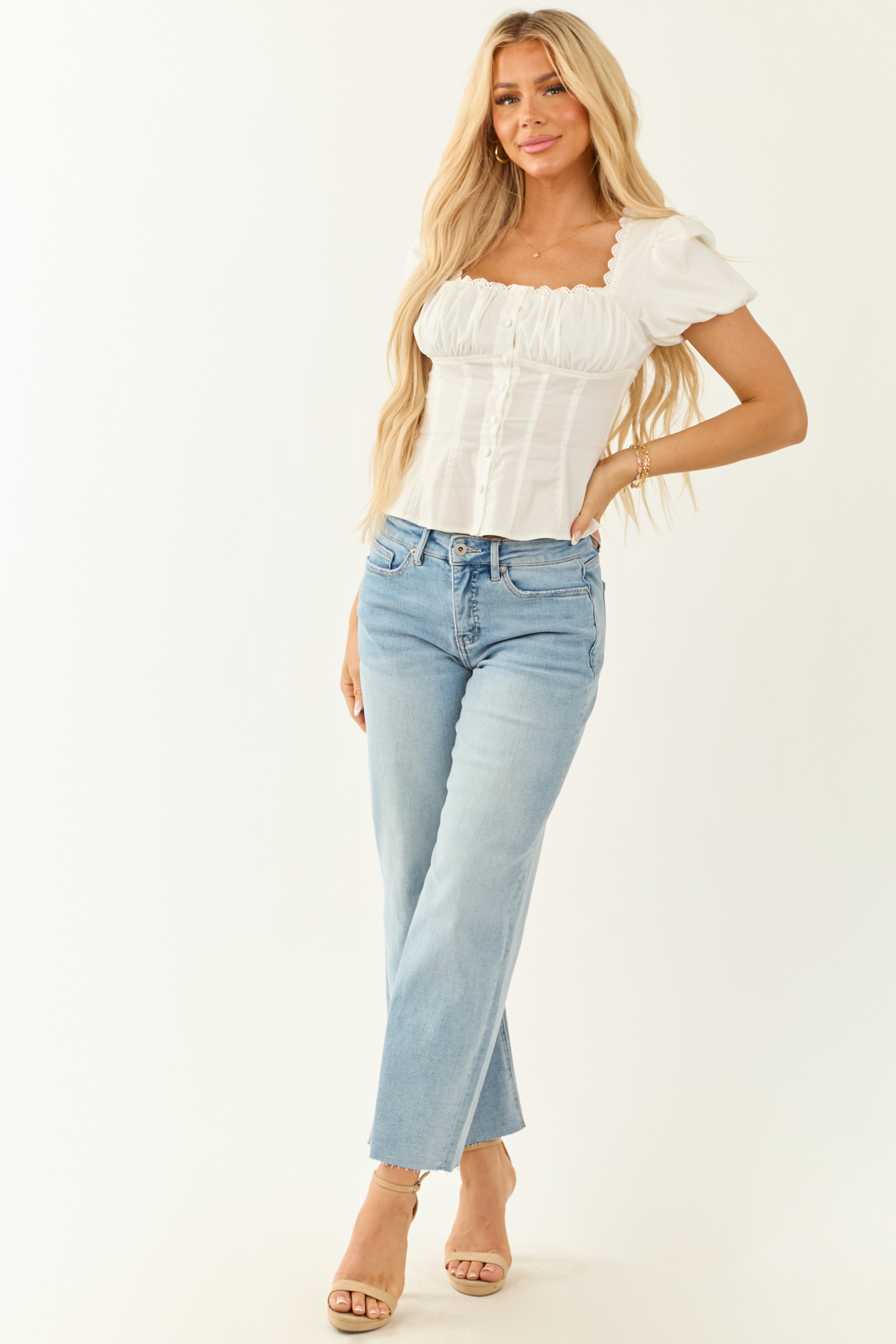 Off White Square Neck Button Down Short Sleeve Top
