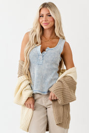 Powder Blue Washed Knit Contrast Denim Trim Tank Top