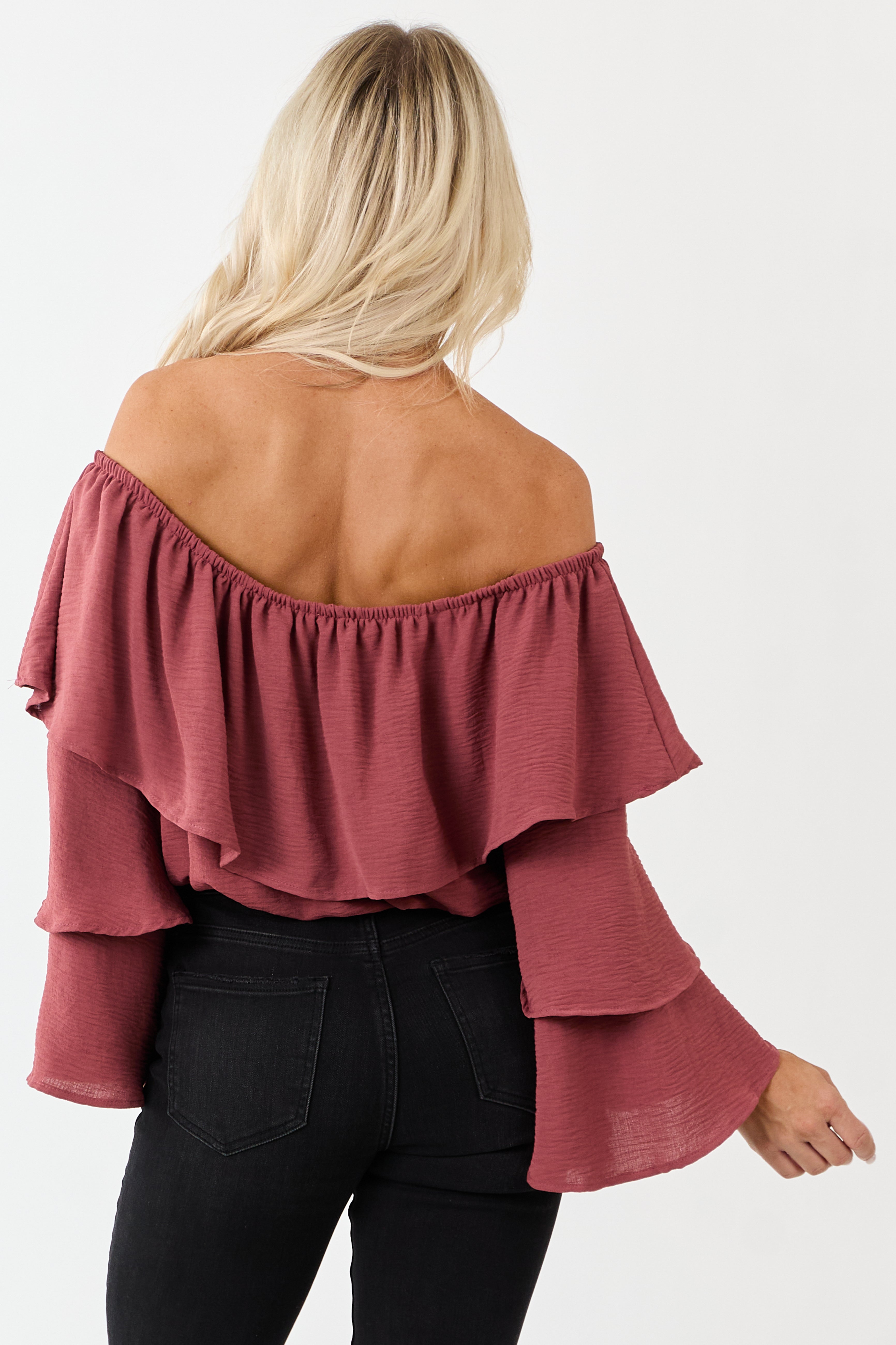 Rich Marsala Off Shoulder Tiered Sleeve Blouse