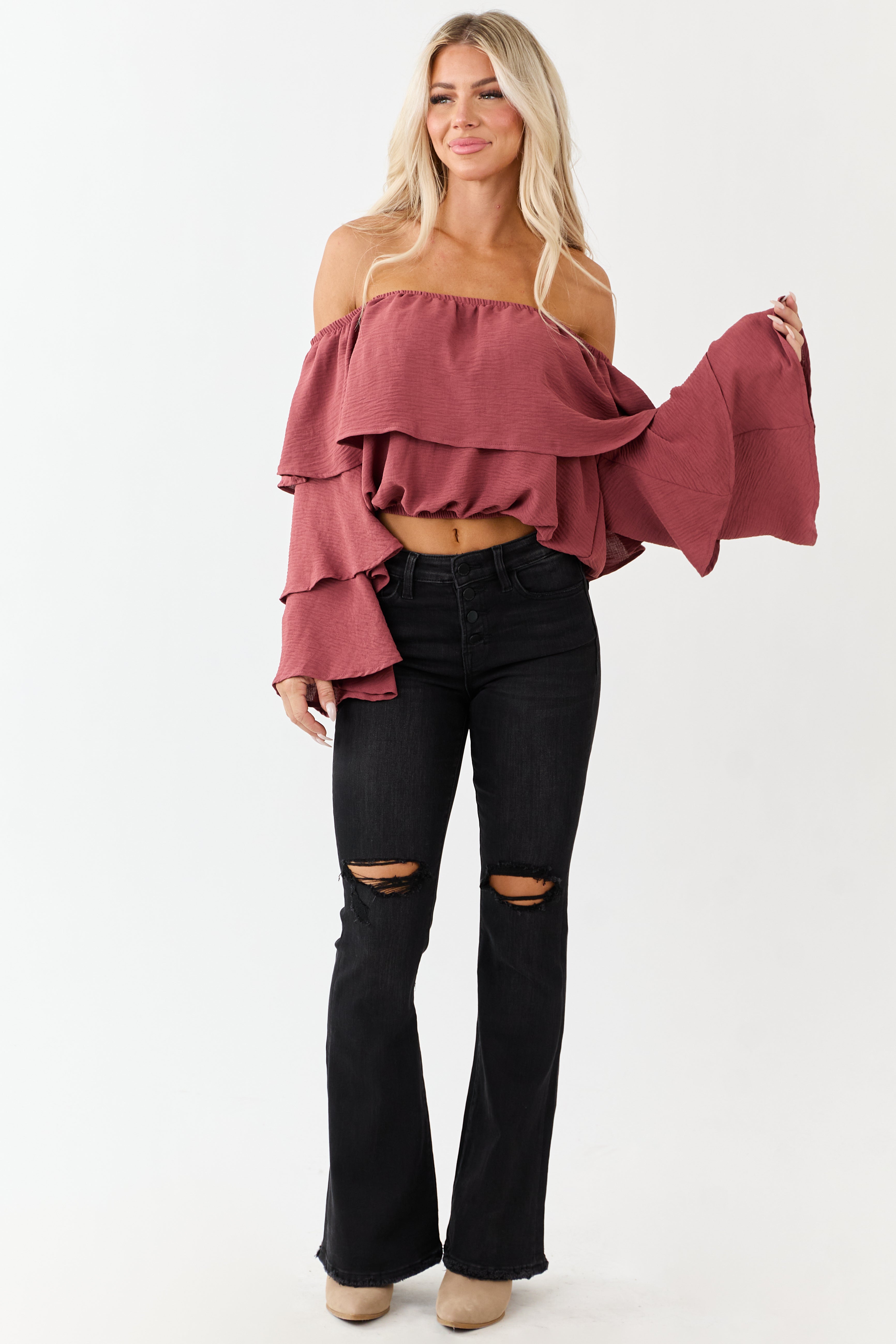 Rich Marsala Off Shoulder Tiered Sleeve Blouse
