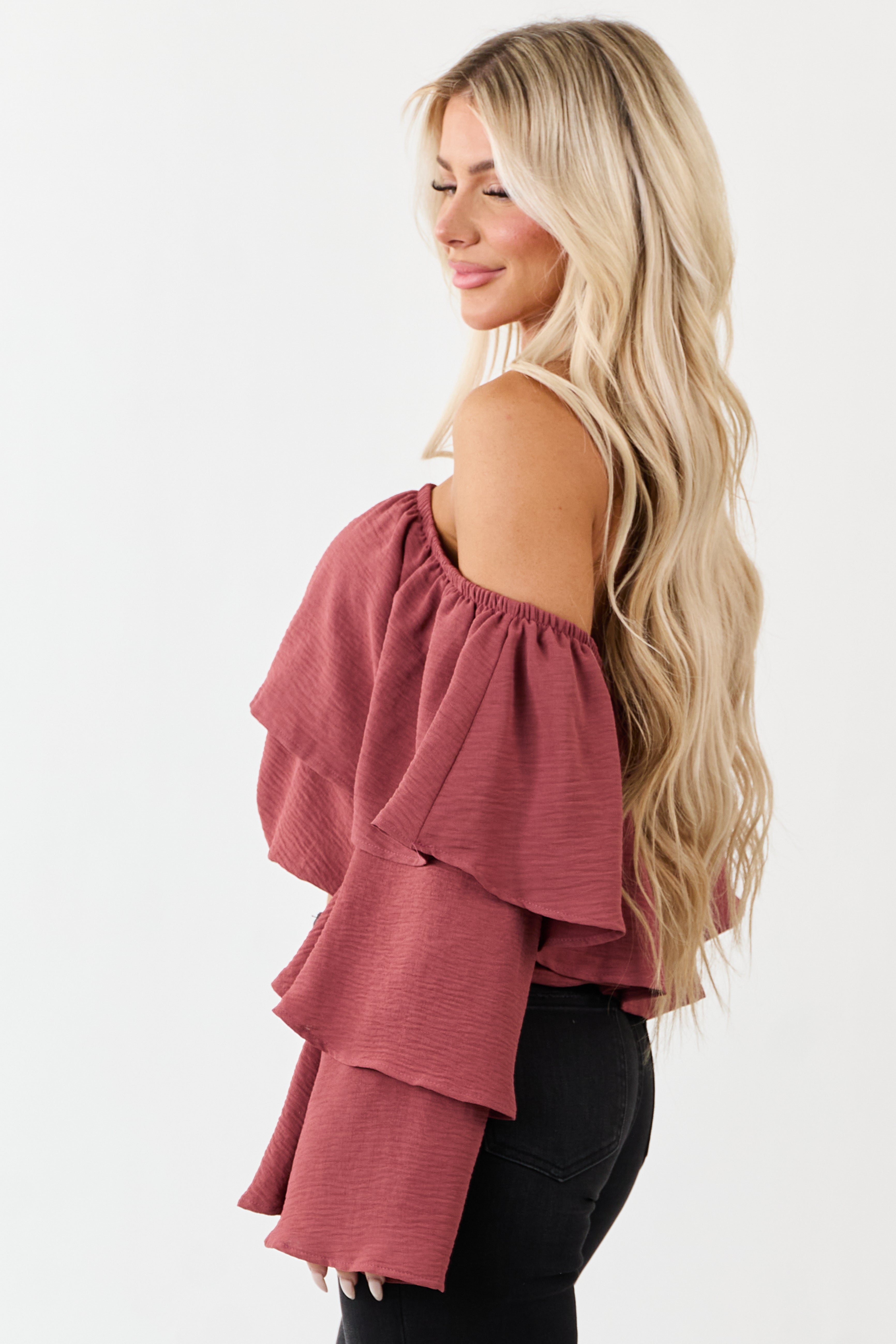 Rich Marsala Off Shoulder Tiered Sleeve Blouse