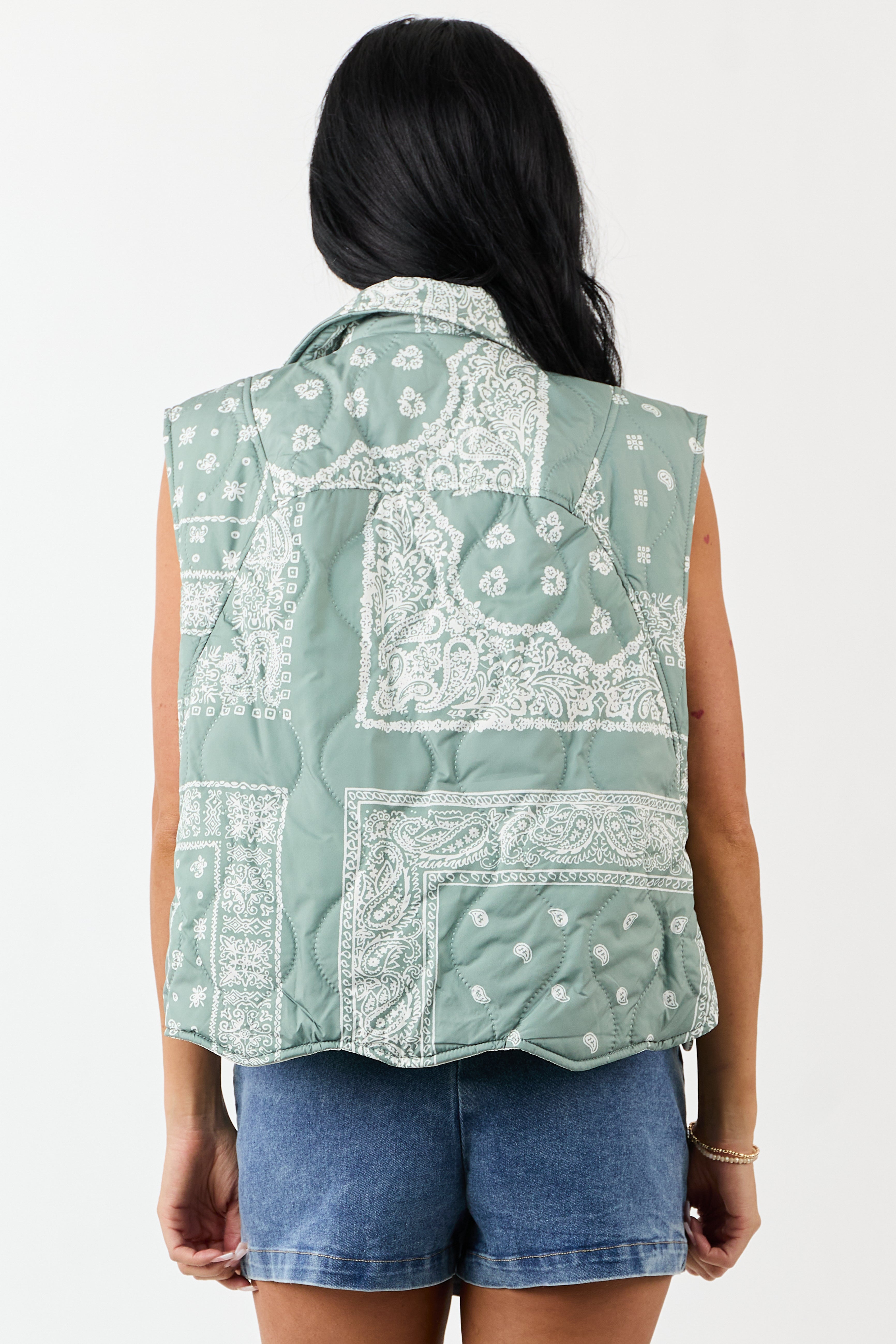 Sage Bandana Print Quilted Button Down Vest