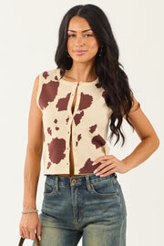 Sand Cow Print Button Down Sweater Tank Top