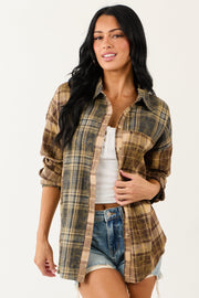 Sepia Plaid Flannel Button Down Long Sleeve Top