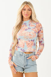 Sky Blue Floral Print Mock Neck Mesh Long Sleeve Top