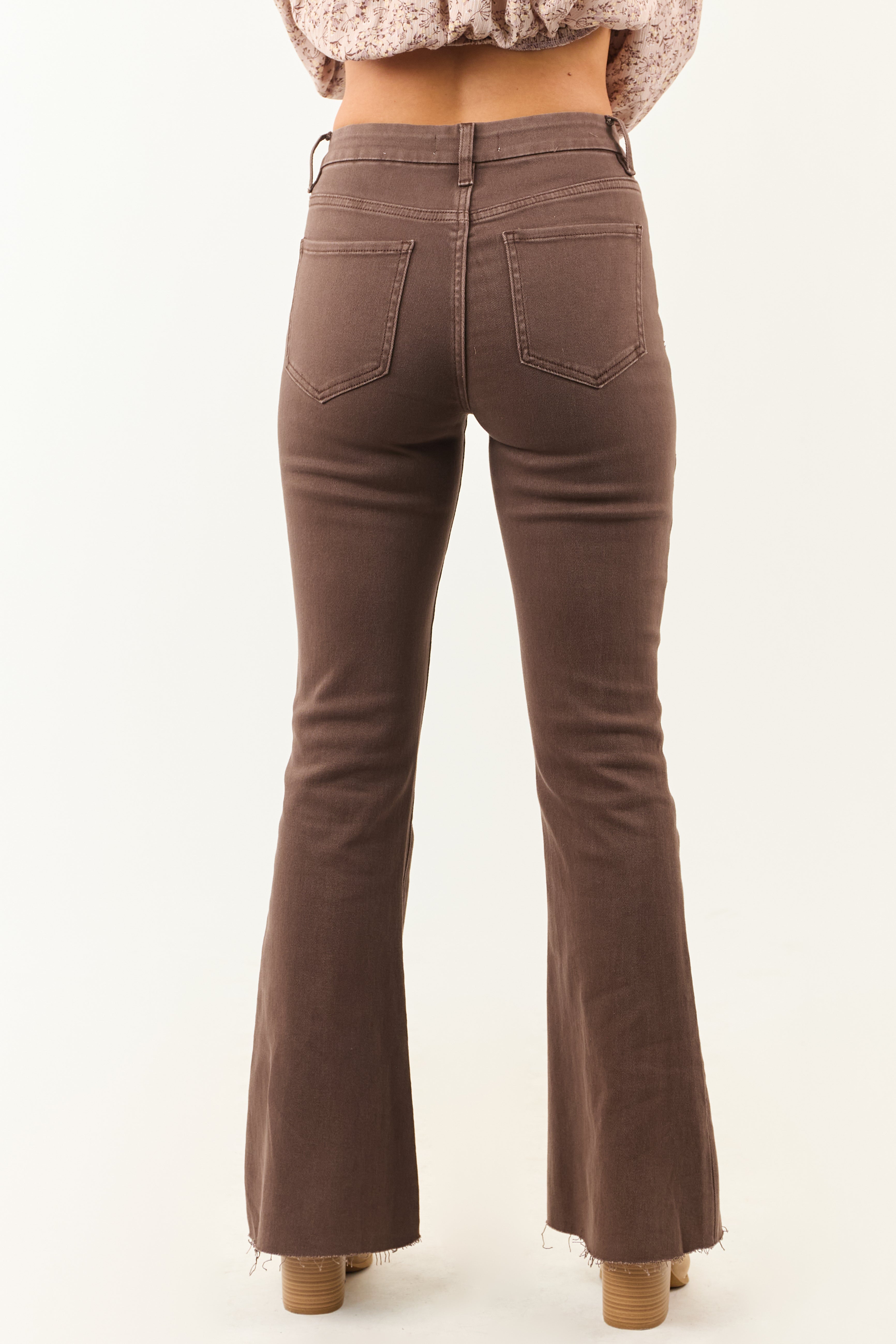 Walnut High Rise Raw Hem Stretchy Flare Jeans